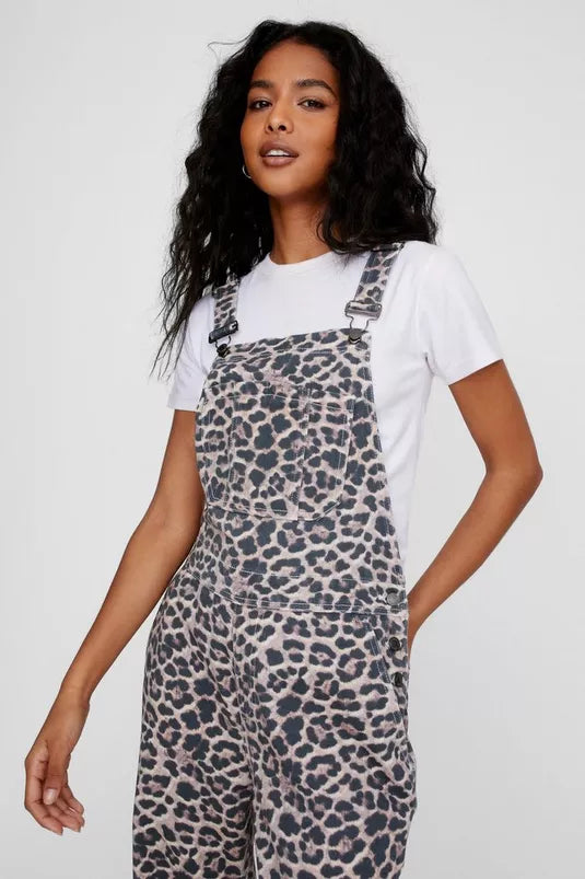 Leopard Print Denim Overalls